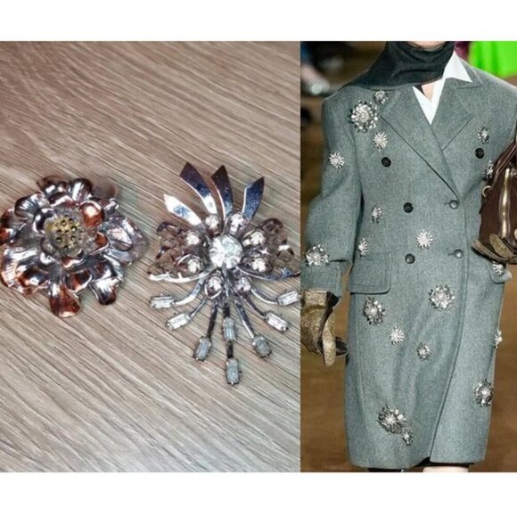 𝅺Bundle 2 silver tone star burst flower brooches, create your own runway look. - Picture 1 of 6